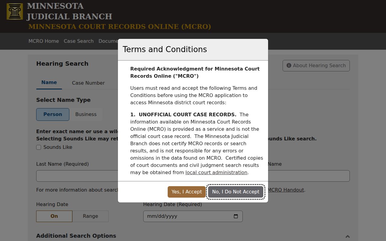 Traverse County court schedule MCRO Hearing Search interface