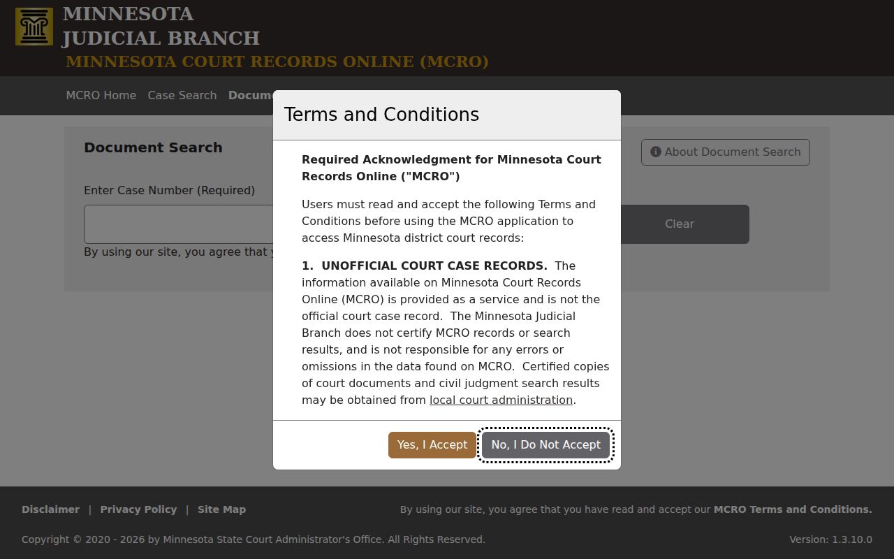 Traverse County court case records MCRO Document Search interface