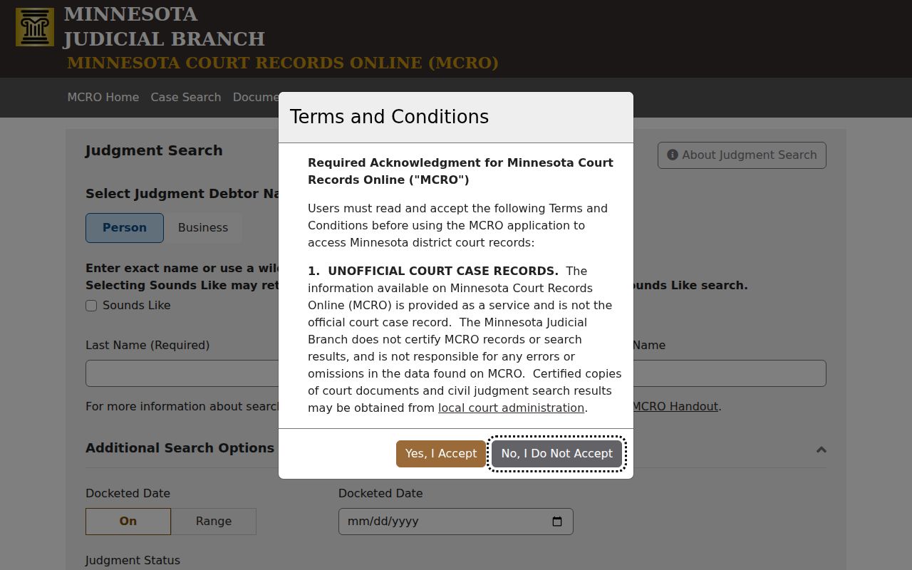 Traverse County court case records MCRO Judgment Search interface