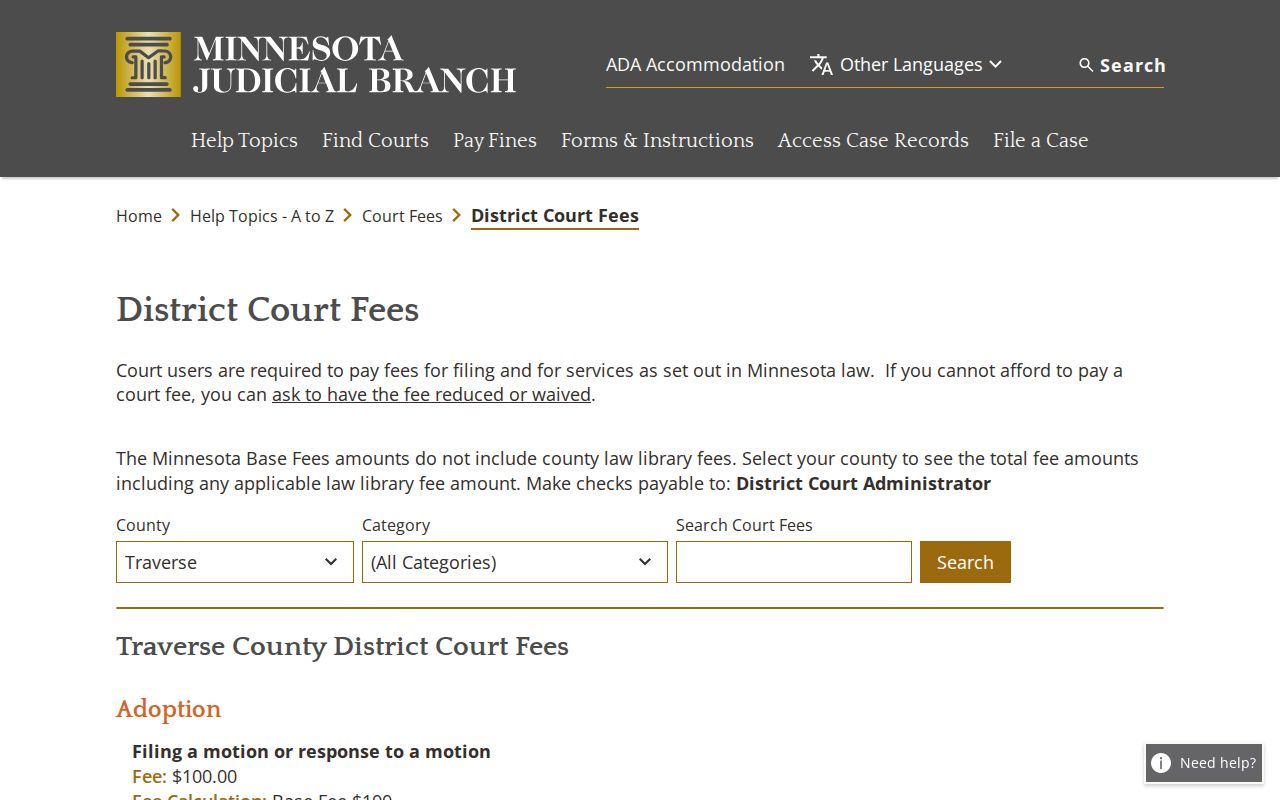 Traverse County court case records district-court fees page