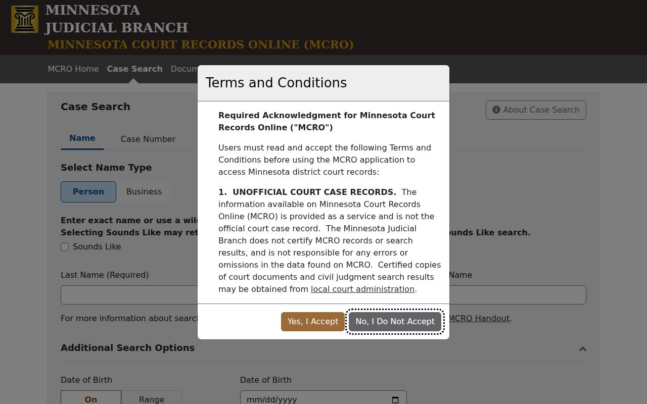 Traverse County docket search on the MCRO Case Search interface