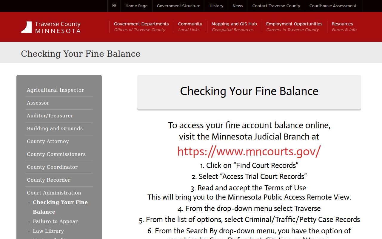 Traverse County traffic court fine balance and Register of Actions